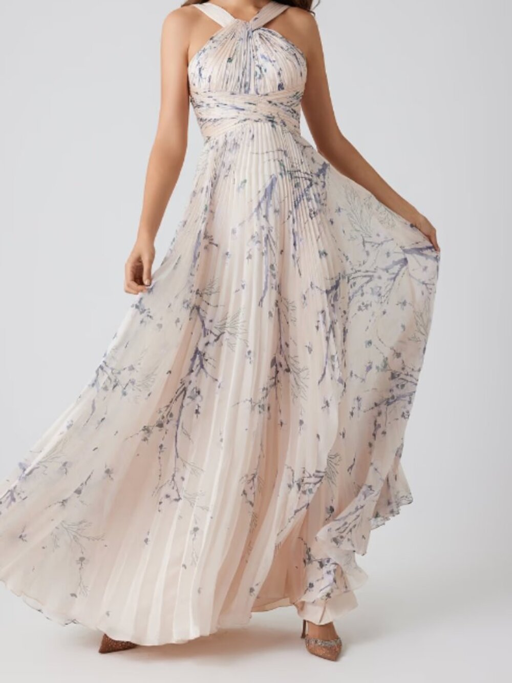 NWT Rickie Freeman Teri Jon Chiffon Accordion Pleated Branch Print Halter Gown
